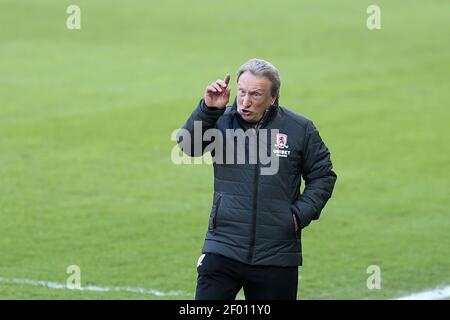 Swansea, Regno Unito. 06 marzo 2021. Neil Warnock, il manager di Middlesbrough reagisce alla partita di campionato .EFL Skybet, Swansea City contro Middlesbrough al Liberty Stadium di Swansea sabato 6 marzo 2021. Questa immagine può essere utilizzata solo per scopi editoriali. Solo per uso editoriale, è richiesta una licenza per uso commerciale. Nessun utilizzo nelle scommesse, nei giochi o nelle pubblicazioni di un singolo club/campionato/giocatore. pic di Andrew Orchard/Andrew Orchard sports photography/Alamy Live news Credit: Andrew Orchard sports photography/Alamy Live News Foto Stock