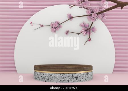 podio in legno su sfondo rosa. Rendering 3D Foto Stock