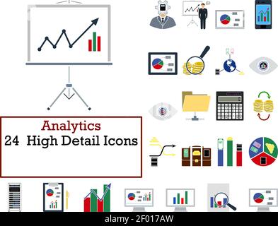 Insieme di icone di Analytics. Design piatto. Illustrazione vettoriale completamente modificabile. Testo espanso. Illustrazione Vettoriale