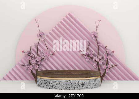 podio in legno su sfondo rosa. Rendering 3D Foto Stock