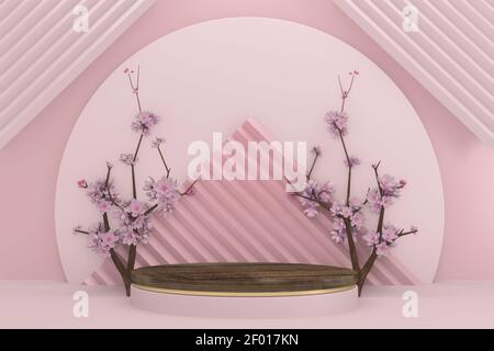 podio in legno su sfondo rosa. Rendering 3D Foto Stock
