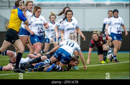Londra, Regno Unito. 06 marzo 2021. May Campbell of Saracens Women toglie la palla per una prova nella seconda metà durante la partita delle donne Allianz Premier 15s tra Saracens Women e Bristol Bears Women allo Stonex Stadium di Londra, Inghilterra, il 6 marzo 2021. Foto di Phil Hutchinson. Solo per uso editoriale, è richiesta una licenza per uso commerciale. Nessun utilizzo nelle scommesse, nei giochi o nelle pubblicazioni di un singolo club/campionato/giocatore. Credit: UK Sports Pics Ltd/Alamy Live News Foto Stock
