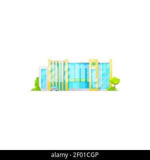 Clinica sanitaria, esterno del centro medico edificio ospedaliero isolato. Vettore ambulanza di emergenza, centro sanitario con alberi verdi e veh ambulanza Illustrazione Vettoriale