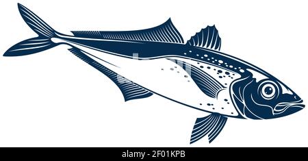 Sugarel cavallo con fiounder, sgombro pesca emblema isolato bluefish mascotte. Vector Scombridae pesce d'acqua salata, tonno rosso. Animale acquatico, Illustrazione Vettoriale