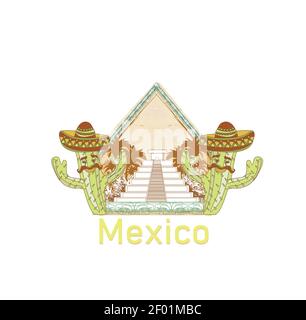 Piramide Maya, Chichen-Itza, Messico e divertente cactus in sombrero Illustrazione Vettoriale