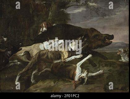 Pieter Boel - Hounds che assalisce un cinghiale Foto Stock