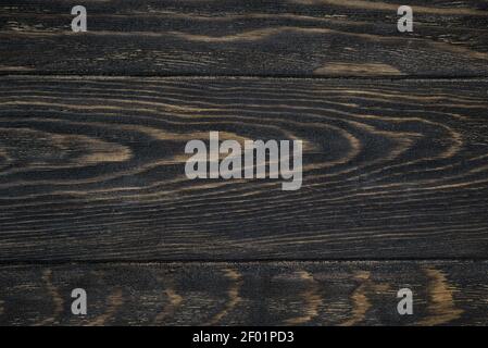 Sfondo con struttura in legno, vista dall'alto di un tavolo di legno scuro e ruvido. Tavole rustiche in legno marrone per sfondo e carta da parati. Superficie dipinta di vecchi pannelli fienile Foto Stock