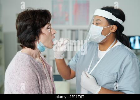 Donna matura con bocca aperta seduta davanti ai giovani infermiera che la prova per covid con tampone orale in medico ufficio di cliniche contemporanee Foto Stock
