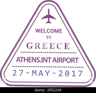Benvenuti in Grecia, Atene Aeroporto Internazionale arrivo visto triangolare timbro vettore isolato icona Illustrazione Vettoriale