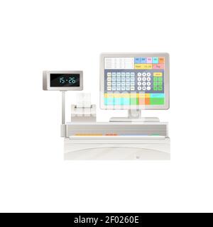 Moderna cassa con touch screen, registratore di cassa con stampante per bollette e display isolati buy e macchina per la registrazione delle vendite. Vettore elettronico contanti r Illustrazione Vettoriale