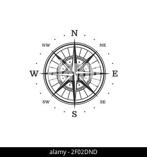 Retro vento di rosa, bussola isolata icona monocromatica. Vettore vento rosa geografico cardinale, bussola rosa diagramma che punta a nord, sud, est e ovest Illustrazione Vettoriale