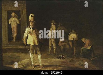 PIETER JANSZ. QUAST, KORTEGAARDJE, SOLDATI E CONTADINI SI RADUNARONO INTORNO AD UN FUOCO IN UN FIENILE. Foto Stock