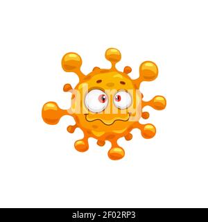 Microrganismo sconvolto emoticon isolato arancione cartone animato virus. Vettore rotondo carattere batterico, microrganismo con occhi grandi, patogeno batterico divertente. Illustrazione Vettoriale