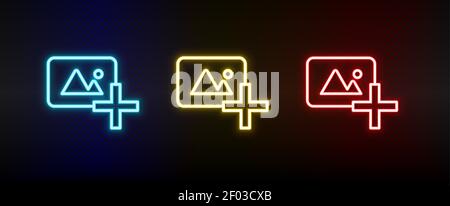 foto, aggiungere il set di icone al neon. Set di icone vettoriali al neon rosse, blu e gialle Illustrazione Vettoriale