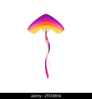 Uttarayan International Kites Festival simbolo, aquilone colorato con stringa isolato giocattolo per bambini. Vettore volante aquilone triangolare a colori dell'arcobaleno, senza peso Illustrazione Vettoriale