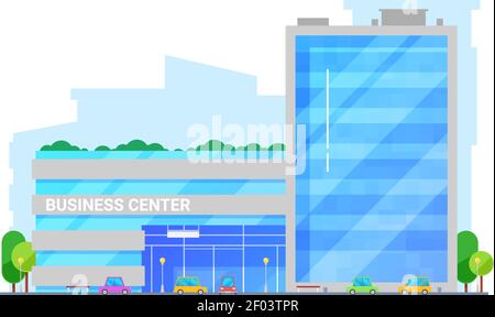 Business center edificio isolato vettore. Costruzione di architettura moderna, costruzione esterna di uffici, auto di fronte Illustrazione Vettoriale