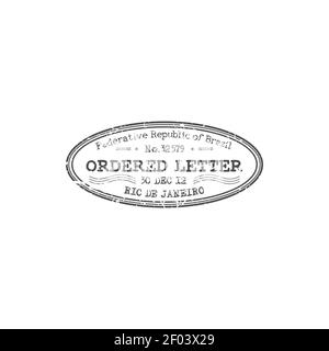 Ordinato timbro con lettera della Repubblica Federativa del Brasile modello isolato. Francobollo in gomma Vector Rio de Janeiro, contrassegnato con il simbolo di posta prioritaria. Illustrazione Vettoriale