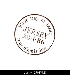 Sigillo isolato in Jersey tondino con insegne del primo giorno di emissione. Marchio postale vettoriale con data, Postmark nostalgico internazionale statunitense, stato del New Jersey Illustrazione Vettoriale