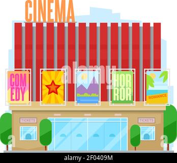 Edificio cittadino, cinema o cinema. Facciata vettoriale, costruzione o luogo pubblico, intrattenimento. Architettura urbana con ingresso in vetro, diversi st Illustrazione Vettoriale