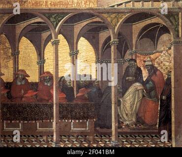 Pietro Lorenzetti - pannello Predella - l'approvazione del Nuova abitudine carmelitana di Papa Onorio IV Foto Stock