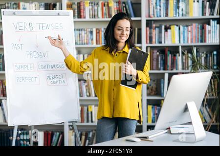 Giovane donna caucasica alla moda in vista su video briefing o lezione online. Happy tutor femminile o si trova vicino a lavagna a fogli mobili, conduce una presentazione online, concetto di lezione online Foto Stock
