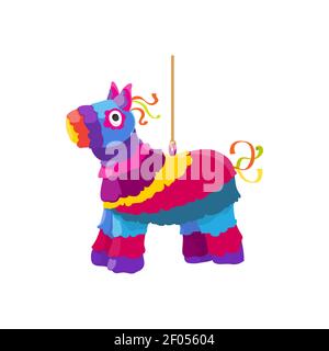 Pinata cavallo figura con giocattoli e caramelle figura isolata. Vector Cinco de Mayo festa, messicano fiesta carnevale. Gioco di festa caramelle attribu Illustrazione Vettoriale