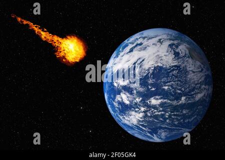pericoloso asteroide che si avvicina al pianeta Terra, disastro totale ed estinzione della vita, elementi di questa immagine fornita dalla NASA Foto Stock