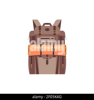 Zaino da campeggio marrone con icona di isolamento del tappetino per dormire. Zaino vettore da viaggio, borsa turistica con attrezzatura da trekking. Haversack o knapsack, esterno adve Illustrazione Vettoriale