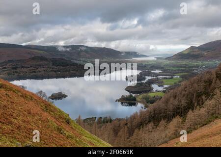 Vista dal sentiero per Walla Crag con le nuvole riflesse in Derwent acqua in una giornata tranquilla con il lago Bassenthwaite oltre. Foto Stock