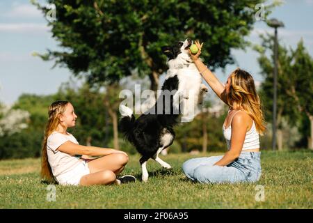 Vista laterale di Donna e ragazza adolescente seduta sul prato in estate e giocare con il soffice cane Collie bordo il giorno di sole nel fine settimana Foto Stock