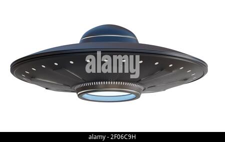 UFO astronave aliena isolata su sfondo bianco. Illustrazione con rendering 3D. Foto Stock