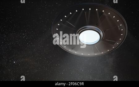 Astronave UFO alieno di notte. Illustrazione con rendering 3D. Foto Stock