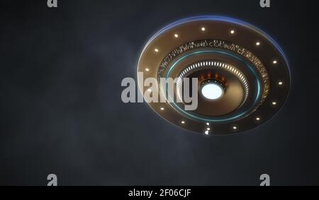 Astronave UFO alieno di notte. Illustrazione con rendering 3D. Foto Stock