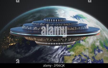 Astronavi alieni che volano sulla Terra. Concetto di invasione UFO. Illustrazione con rendering 3D. Elementi di questa immagine arredati dalla NASA. Foto Stock