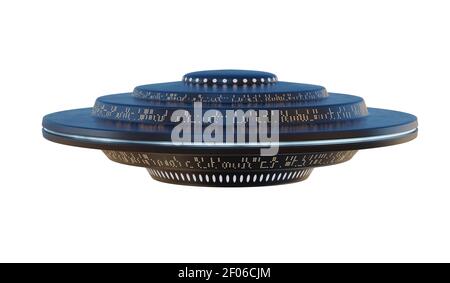 UFO astronave aliena isolata su sfondo bianco. Illustrazione con rendering 3D. Foto Stock