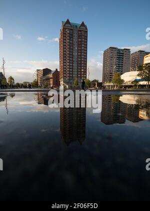 Pozze stagno specchio riflesso di alto edificio di architettura moderna Grattacielo Blaak piazza centrale a Rotterdam Paesi Bassi Olanda meridionale Europa