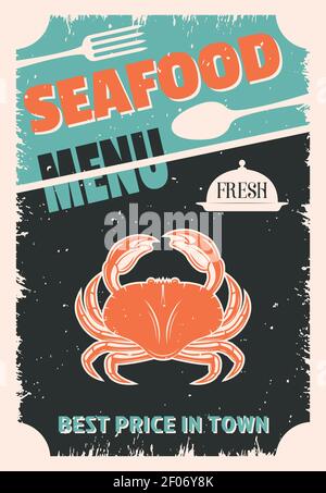 Poster in stile retrò di pesce con granchio rosso su nero indossato sfondo posate e piatto illustrazione vettoriale Illustrazione Vettoriale