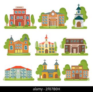 Isolato e colorato edificio chiesa della scuola icona insieme con diverso tipi e scopi per l'illustrazione vettoriale degli edifici Illustrazione Vettoriale