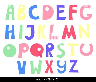 Doodle disegnata a mano stile contorno lettere colorate di alfabeto inglese, lettere maiuscole, simpatico divertente scritta decorativa Illustrazione Vettoriale