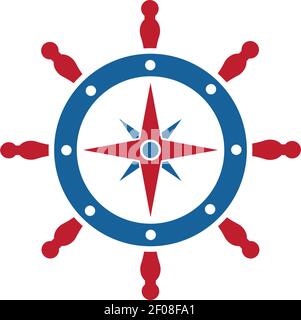 nave sterzante con icona del logo vettoriale della bussola dell'illustrazione marittima design Illustrazione Vettoriale