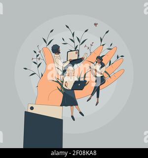 I piccoli lavoratori degli uffici sono seduti su una mano enorme. Concetto di un buon ambiente di lavoro confortevole, clima psicologico favorevole, retribuzione elevata e libertà Illustrazione Vettoriale