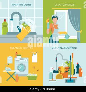 Set di icone colorate con diverse attrezzature di pulizia e attività come lavaggio delle stoviglie pulizia delle finestre e dei vestiti illustrazione vettoriale Illustrazione Vettoriale