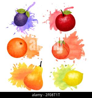 Frutta isolata e bacche icona acquerello insieme con blot colorati immagine vettoriale su sfondo bianco Illustrazione Vettoriale
