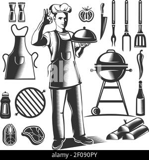 Elementi per barbecue vintage neri isolati con figure e chef i suoi piatti illustrazione vettoriale Illustrazione Vettoriale