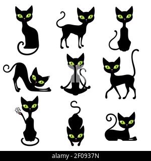 Icona gatti neri impostare animali carini in varie pose con immagine vettoriale isolata con occhi verdi grandi Illustrazione Vettoriale