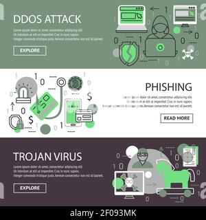 Tre banner orizzontali per la sicurezza su Internet con descrizioni degli attacchi ddos illustrazione del vettore del virus di troia di attacco tramite phishing Illustrazione Vettoriale