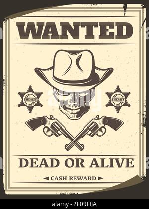 Vintage monocromo selvaggio West voluto poster con cranio in cowboy hat pistole incrociate stelle sceriffo illustrazione vettoriale Illustrazione Vettoriale