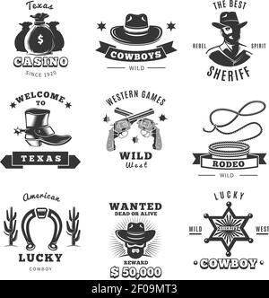 Set vintage sheriff label con benvenuto wild cowboys texas casino alla descrizione texas illustrazione vettoriale Illustrazione Vettoriale