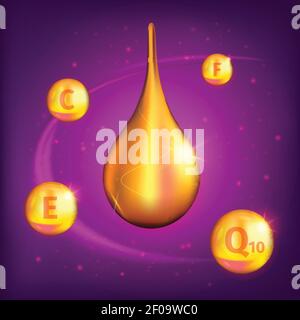 Composizione realistica suprema di goccia di olio di collagene su sfondo viola con poco oro vitamine illustrazione vettore Illustrazione Vettoriale