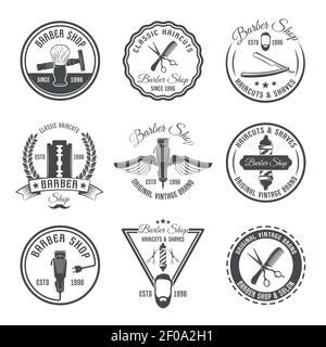 Emblema barbiere grigio o set di etichette con forme diverse e. illustrazione vettoriale degli utensili per parrucchieri Illustrazione Vettoriale